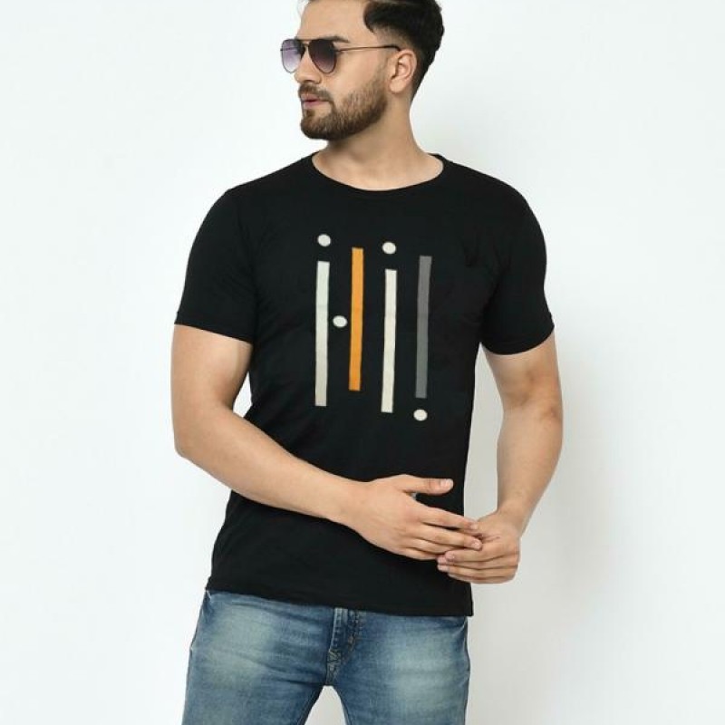 Men Black Printed Cotton Blend Single T-shirt